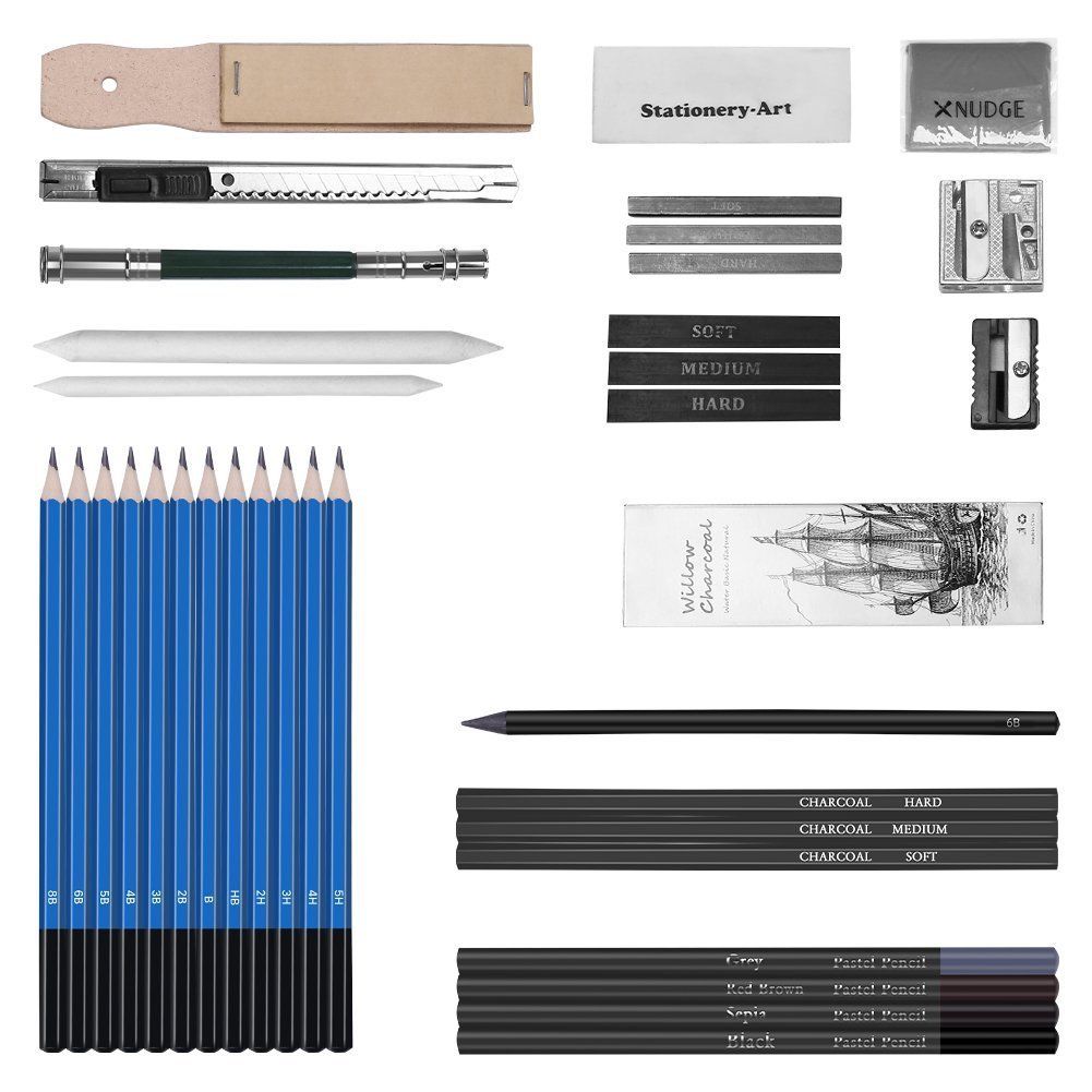 33 Uds dibujo y dibujo lápices de grafito barras de carboncillo borradores Set de fundas boceto papelería dibujo suministros