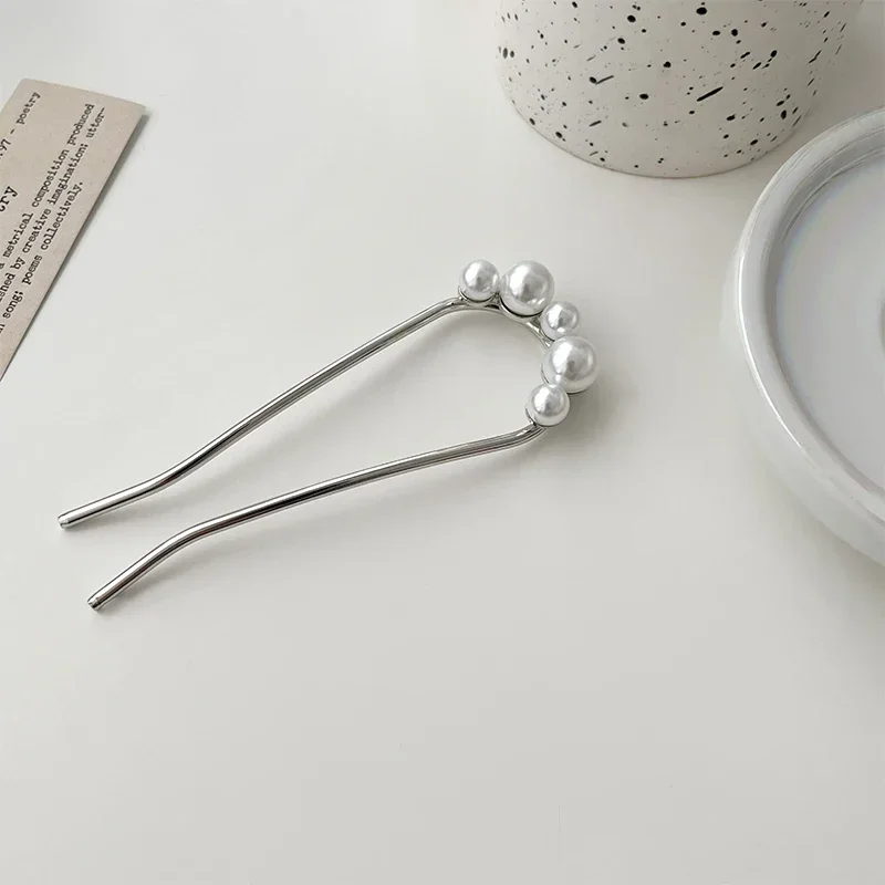 Horquillas coreanas de perlas en forma de U, pinzas para el cabello para mujer, horquillas de Metal de estilo , horquillas de perlas Vintage, herramientas de estilismo para el cabello,: Plata