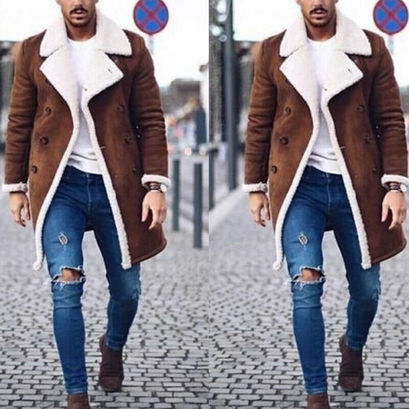Menn fuskepels lammeull trenchcoat vinter varm tykkere jakke ull peacoat lang parka overfrakk vinterklær topper