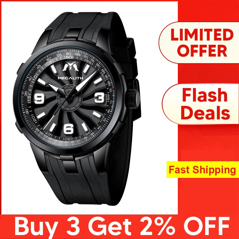 MEGALITH, relojes deportivos militares para hombres, relojes de cuarzo impermeables, relojes creativos para hombre con Dial de rotación de turbina, reloj Relogio Masculino: silicone black