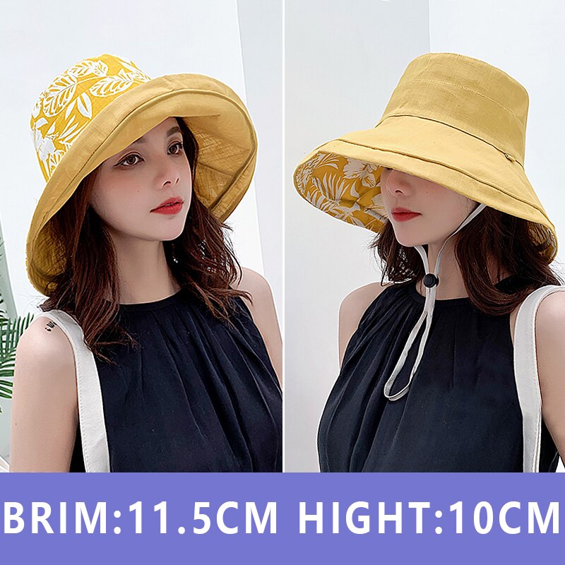 Summer Women Double-sided Flower Print Cotton Sun Hats Ladies Wide Brim Foldable Sun Bucket Hats Anti-UV Beach Hat Caps: Yellow