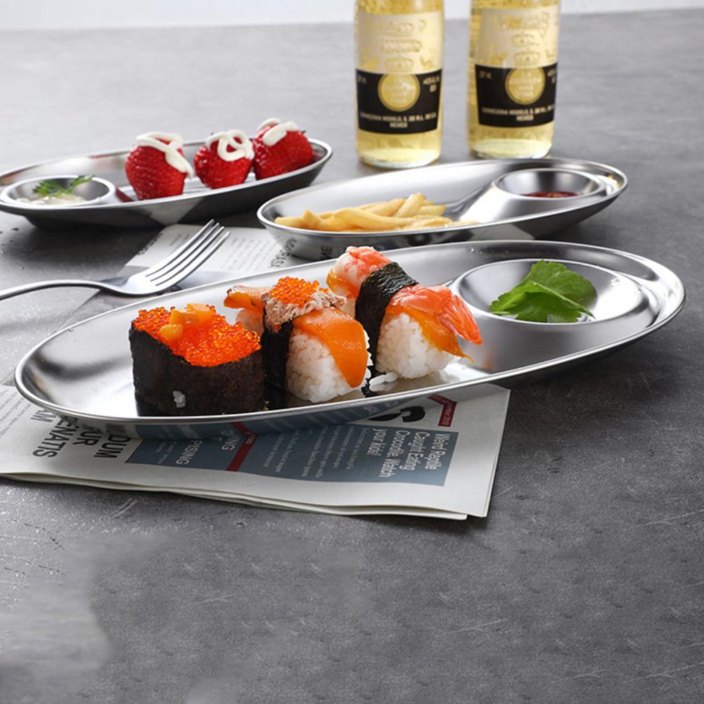 Plato ovalado para aperitivos de acero inoxidable 304, plato para servir comida, postre, salsa, Sushi, cocina, ensaladas