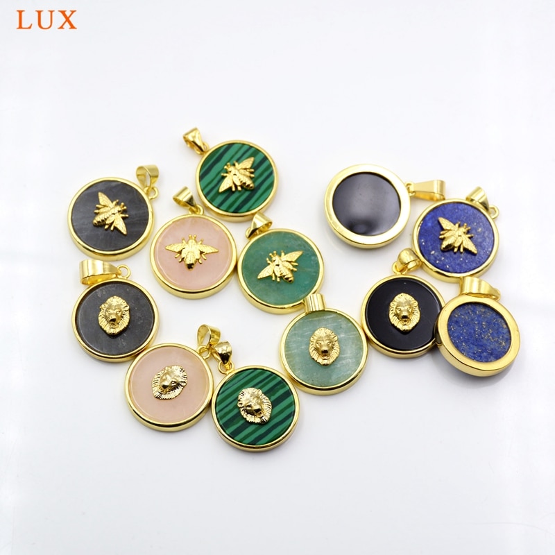 Bee Lion Round Gems stone Pendants Gold-Plated amethysts Rose Quartzs Lapis Amazonite Black Onyx Agates Coin Charms For Jewelry