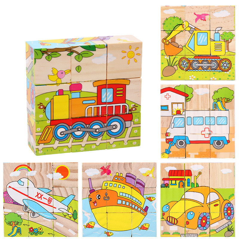 Baby Houten Blok Speelgoed Kinderen Zes Side 3D Cube Jigsaw Games Animal Fruit Verkeer Cognize Vroeg Leren Educatief Speelgoed: Transportation