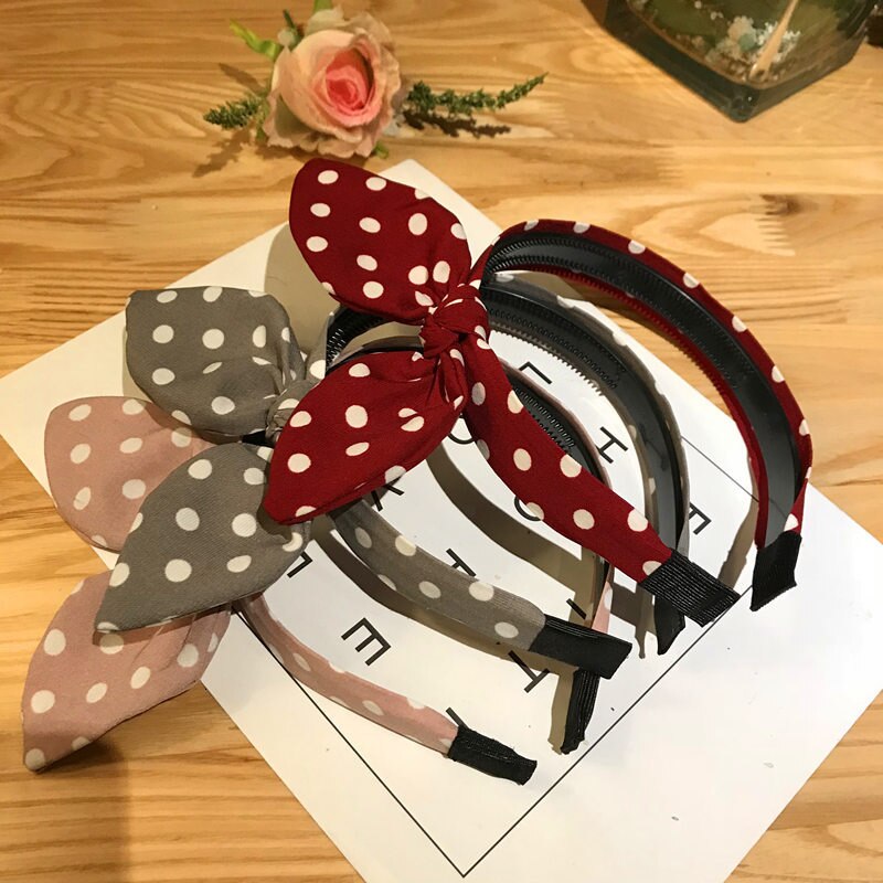 Sweet Girl Hair Band Solid Ribbon Dot Headband Soft Plaid Hair Hoop Bow Knot Headwear Rabbit Ear Hair Accessories Hair Ornament