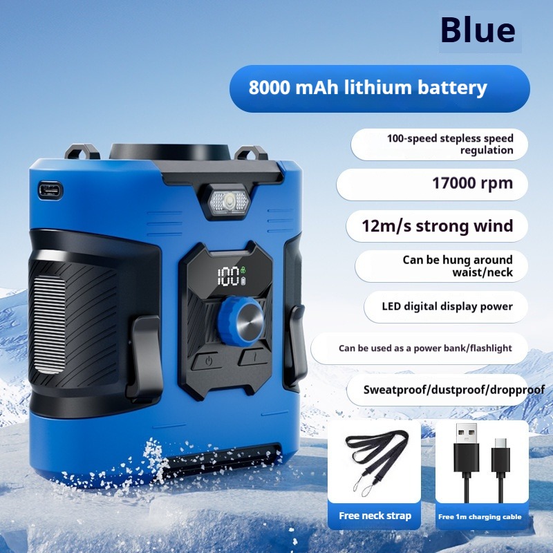 draagbare snelle, op de taille gemonteerde ventilator voor buitensporten en kamperen - USB-oplaadbaar met Power Bank-functie, 8000Amh: Blauw
