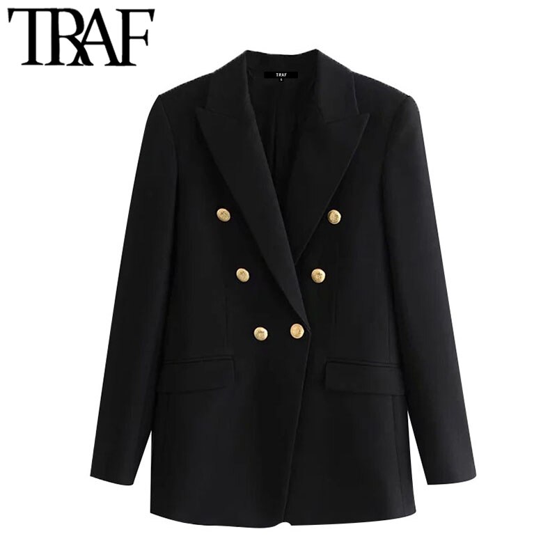 Blazer preto vintage com bolsos manga longa traf, veste feminina chique