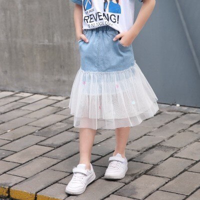 4 5 6 7 8 9 y piger nederdel koreansk denim mesh syninger børn pettiskirt afslappet elastik talje store piger nederdele sommer
