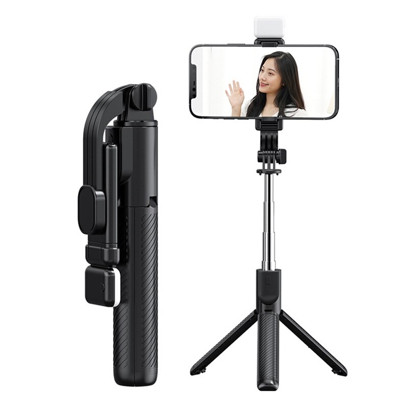 Selfie-stick-stativ mit aufhelllicht, abnehmbarer drahtloser fernbedienung, frei einziehbarem selfie-stick
