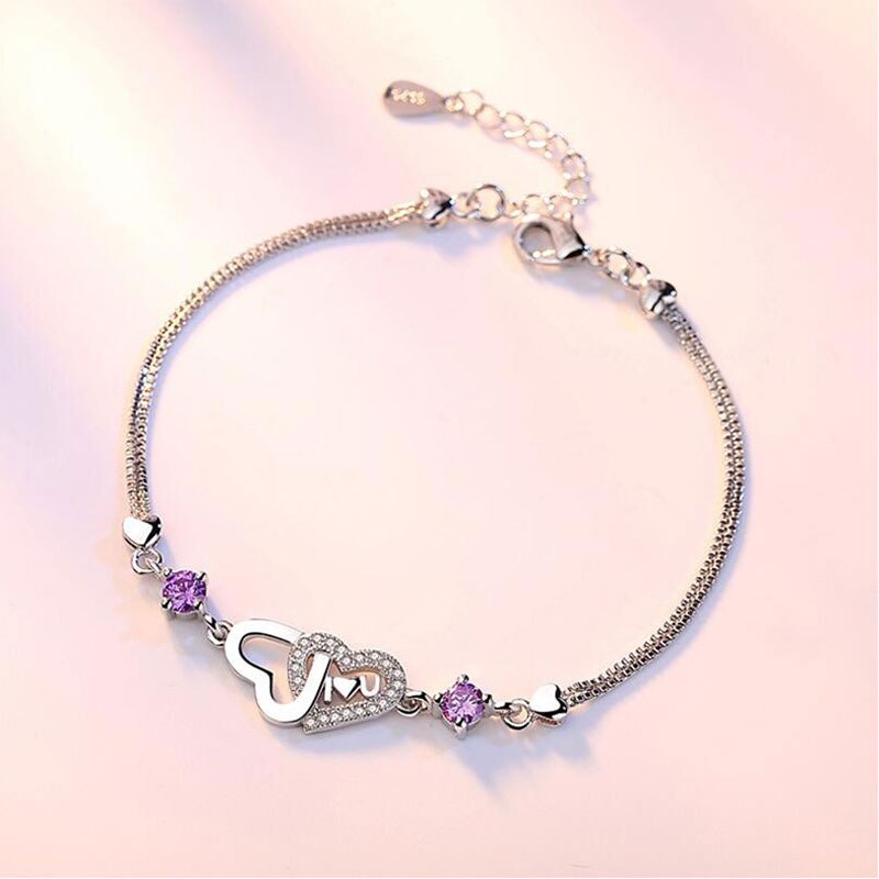 Anenjery Zilver Kleur Eeuwige Liefde Hart Zirkoon Double Layer Ketting Armband Voor Vrouwen Pulseira Feminina S-B47
