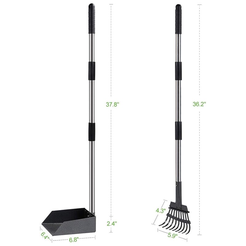 Dog Poop Tray and Rake Set, Pet Waste Removal Scoop with Adjustable Sectional Stainless Handles