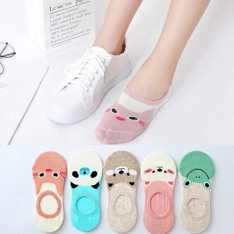 5 Paren/partij Lente Zomer Korea Sokken Vrouwen Cartoon Kat Vos Leuke Animal Print Grappige Onzichtbare Boot Katoenen Sokken: E