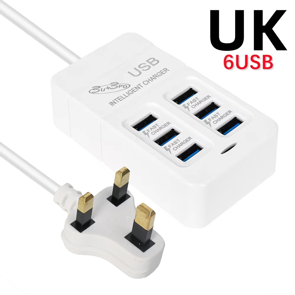 Cargador USB multipuerto de 6 puertos, 35W, PD tipo C, carga rápida para teléfono móvil, cargadores de pared tipo C, adaptador de concentrador tipo C, enchufe UE, EE. UU., Reino Unido: Negro