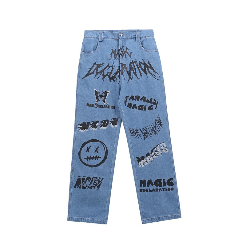 Spring Men's Clothes Graffiti Jeans Harajuku Hip hop Baggy Jeans Streetwear Black Goth trousers Y810: Blue / M