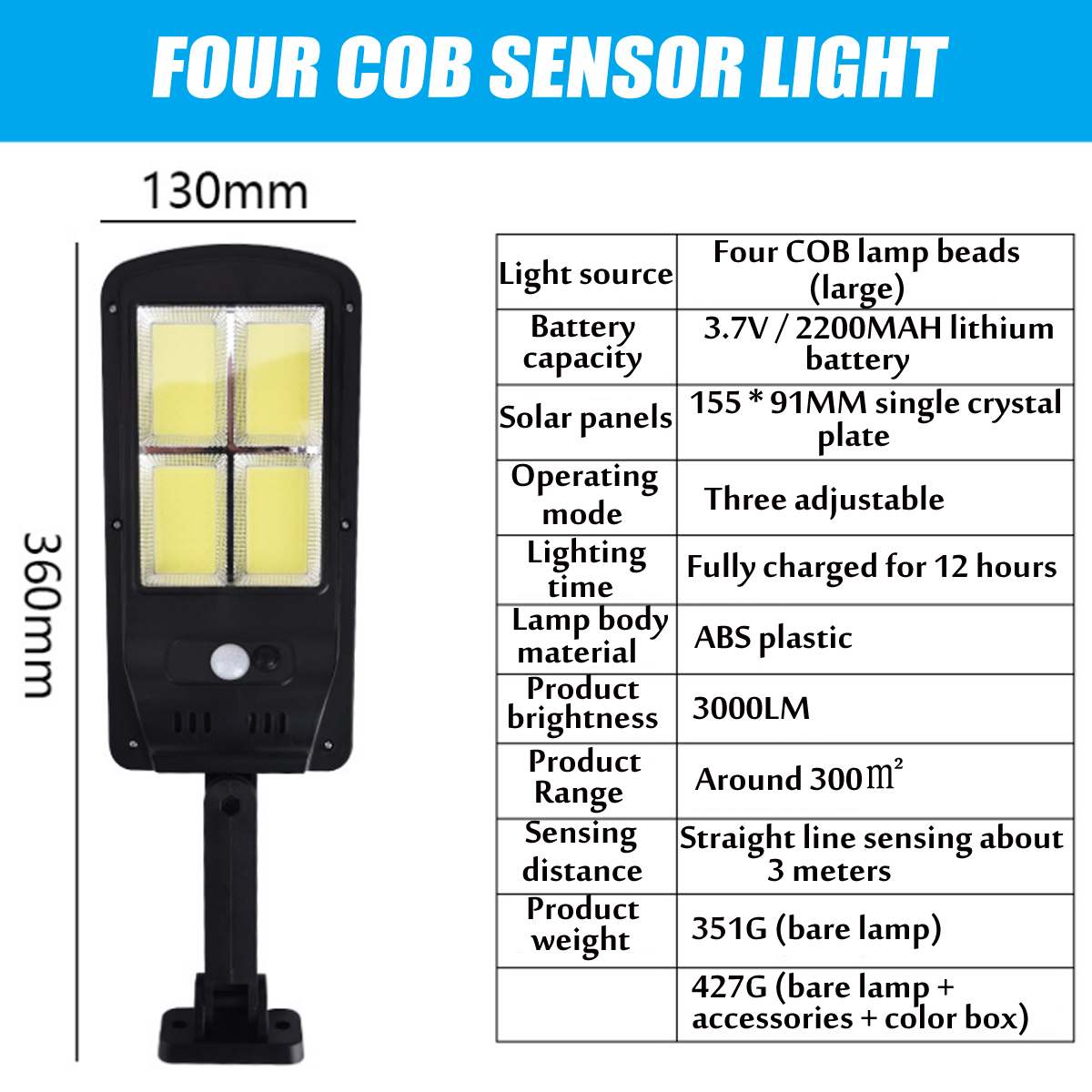 Solar led gadelys cob sensor væglampe infrarød bevægelsessensor 50/100/200/300w udendørs belysning havelampe led lys: D4