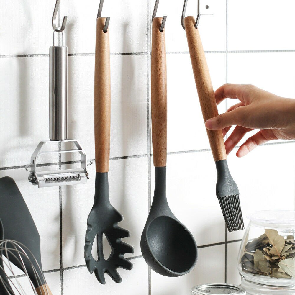 Multiple Style Wooden Handle Silicone Spatula Soup Spoon Fork Colander Shovel Cooking Utensils Kitchen Tool Suit Exquisite