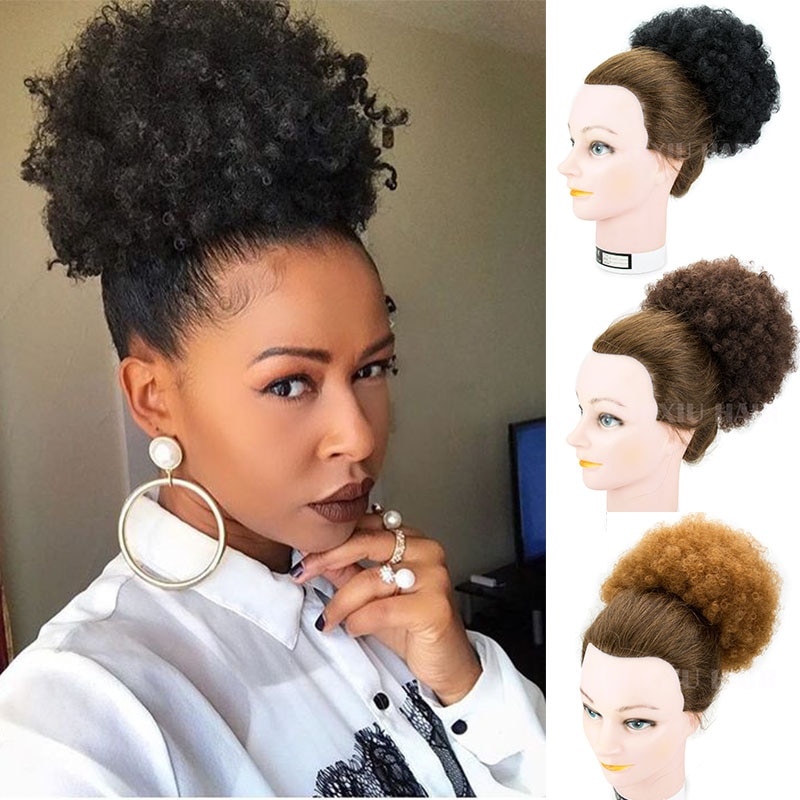 Corto Afro Puff moño de pelo sintético Chignon Hairpiece para mujeres negras cordón Cola de Caballo rizado Updo Clip extensiones de cabello