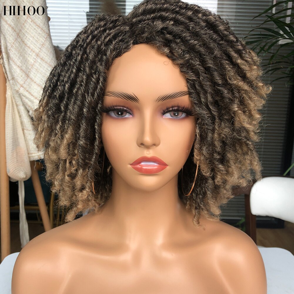 Hihoo Dreadlock Curly Wig Soft Short Synthetic Natural Hair Wigs With Bangs For Black Women Ombre Crochet Twist Hair Wigs 14'': T1B-27