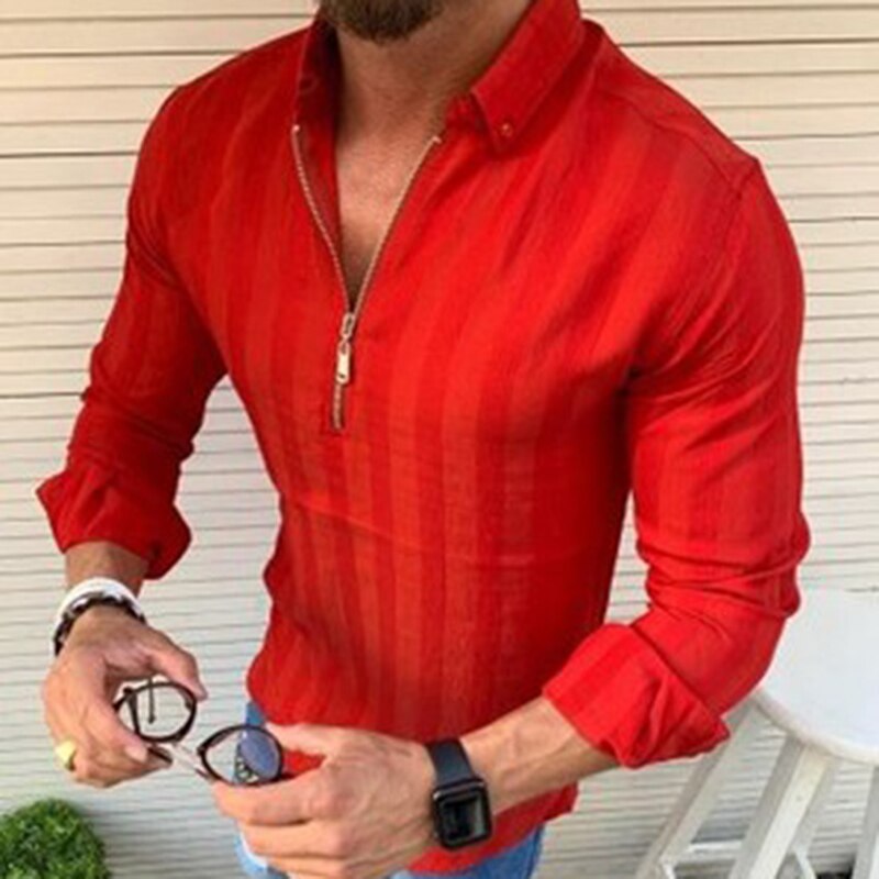 Gestreepte overhemden heren lange mouwen revers hals ritsen streetwear bovenkleding chique camisa heren overhemden plus size: Rood / M