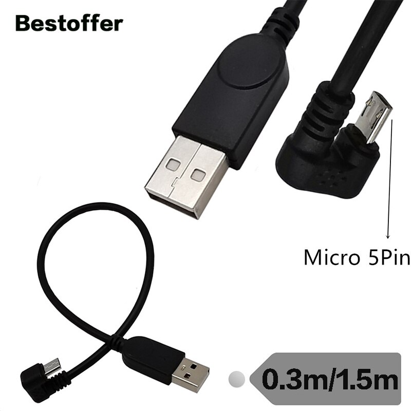 30CM/1.5M U-Shaped Elbow Micro 5-Pin Male to USB 2.0 A Male Data Charging Extension Cable