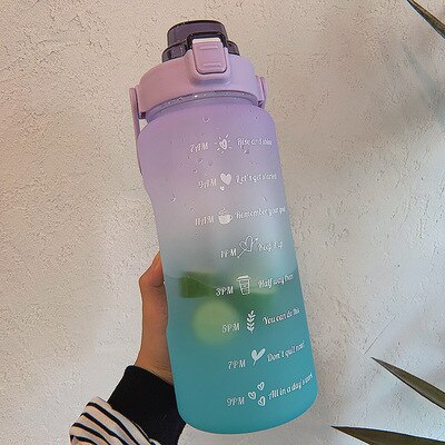 2L Large Capacity Water Bottle Straw Cup High Temperature Plastic Water Cup Time Scale Frosted Outdoor Sports Student Couple Cup: A-Matte Purple Green