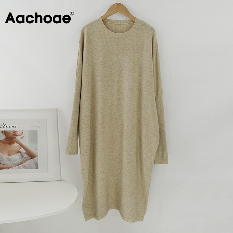 Aachoae lös o hals stickad tröja klänning kvinnor solid batwing långärmade mjuka klänningar hemstil casual midiklänning vestidos