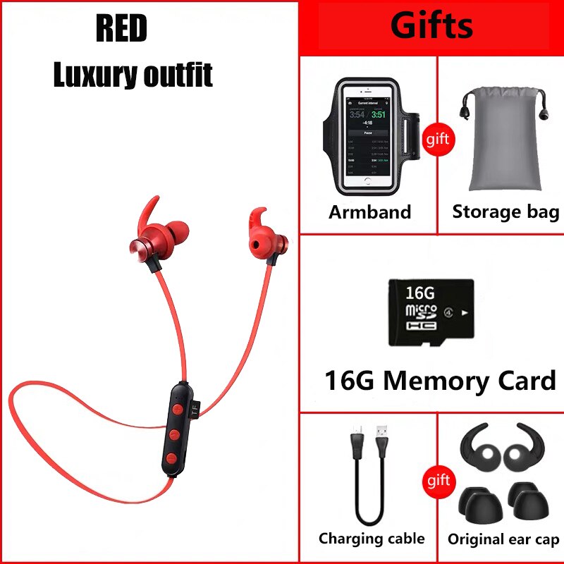 Bluetooth hovedtelefon ipx 5 vandtæt øretelefon  mp3 spiller stereo headset trådløst til sport mic tf kort telefon xiaomi: Rød luksusdragt