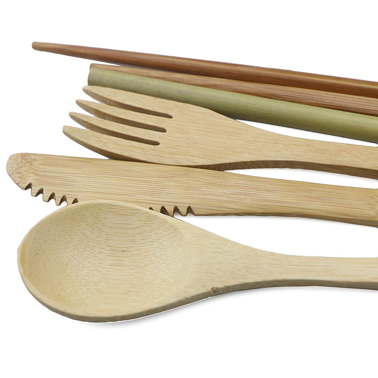 7-Piece Wooden Flatware Cutlery Set Bamboo Straw Set With Cloth Bag Knives Fork Spoon Chopsticks Travel