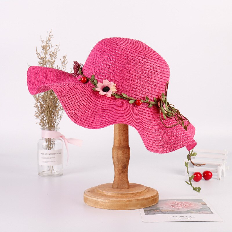 Bloemen ouder-kind Zomer Meisje Zonnehoed Cap Rose Rood Bruin Licht Roze Stro Platte Top Zomer strand Strooien Hoed Strand Caps: Child2