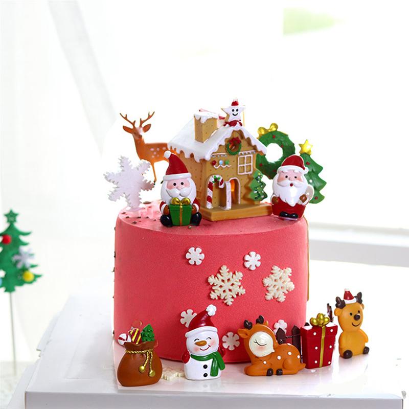 6 Pcs Christmas Cake Toppers Resin Illuminate Cake Decoration Dessert Stick Clay Model Accessory - House Santa Snowman Reindeer