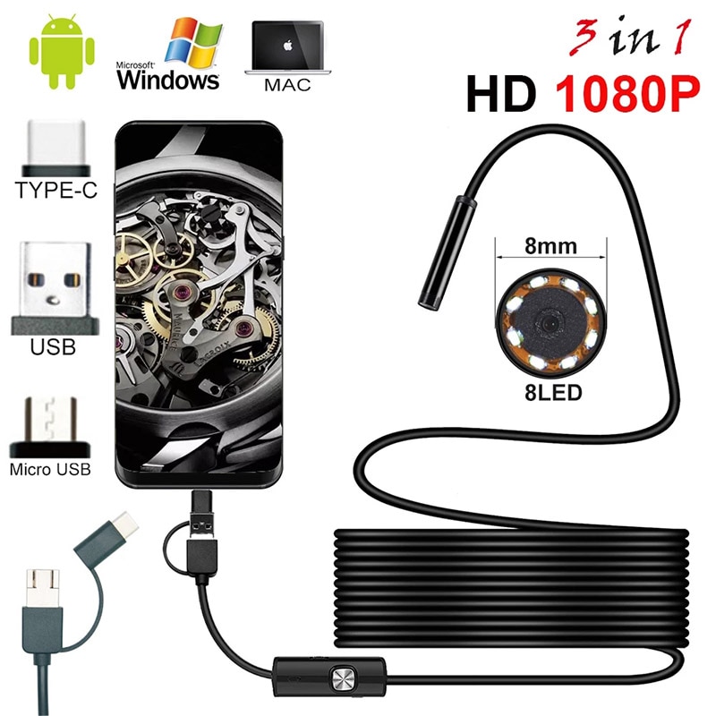 1080P Hd Usb Endoscoop Camera Met Type C Usb Micro Usb Snake Inspectie Borescope Camera 8.0Mm Hd Lens 8 Leds Voor Android Pc