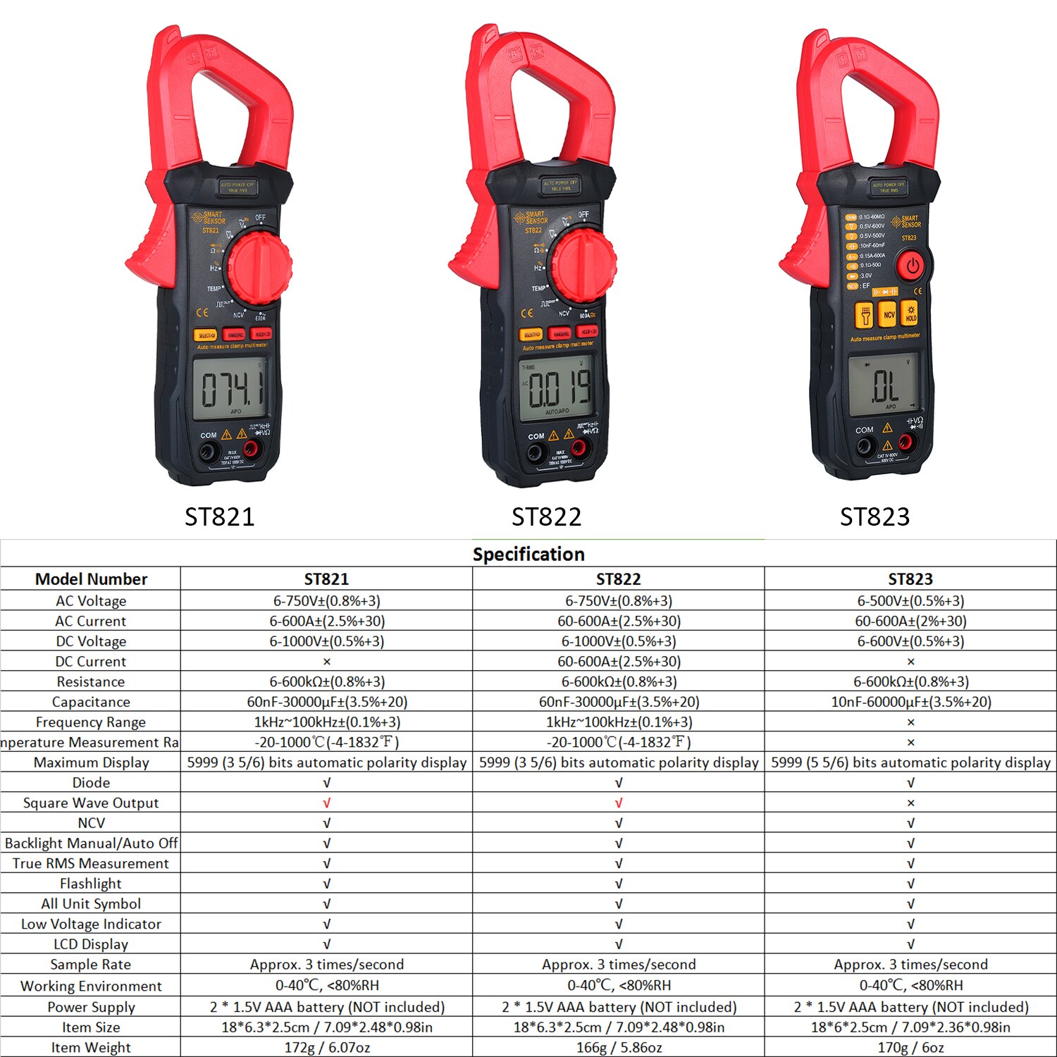 SMART SENSOR Digital Clamp Meter High Precision Manual Range Multimeter AC Clamp Ammeter Clamp Gauge ST821 ST822 ST823