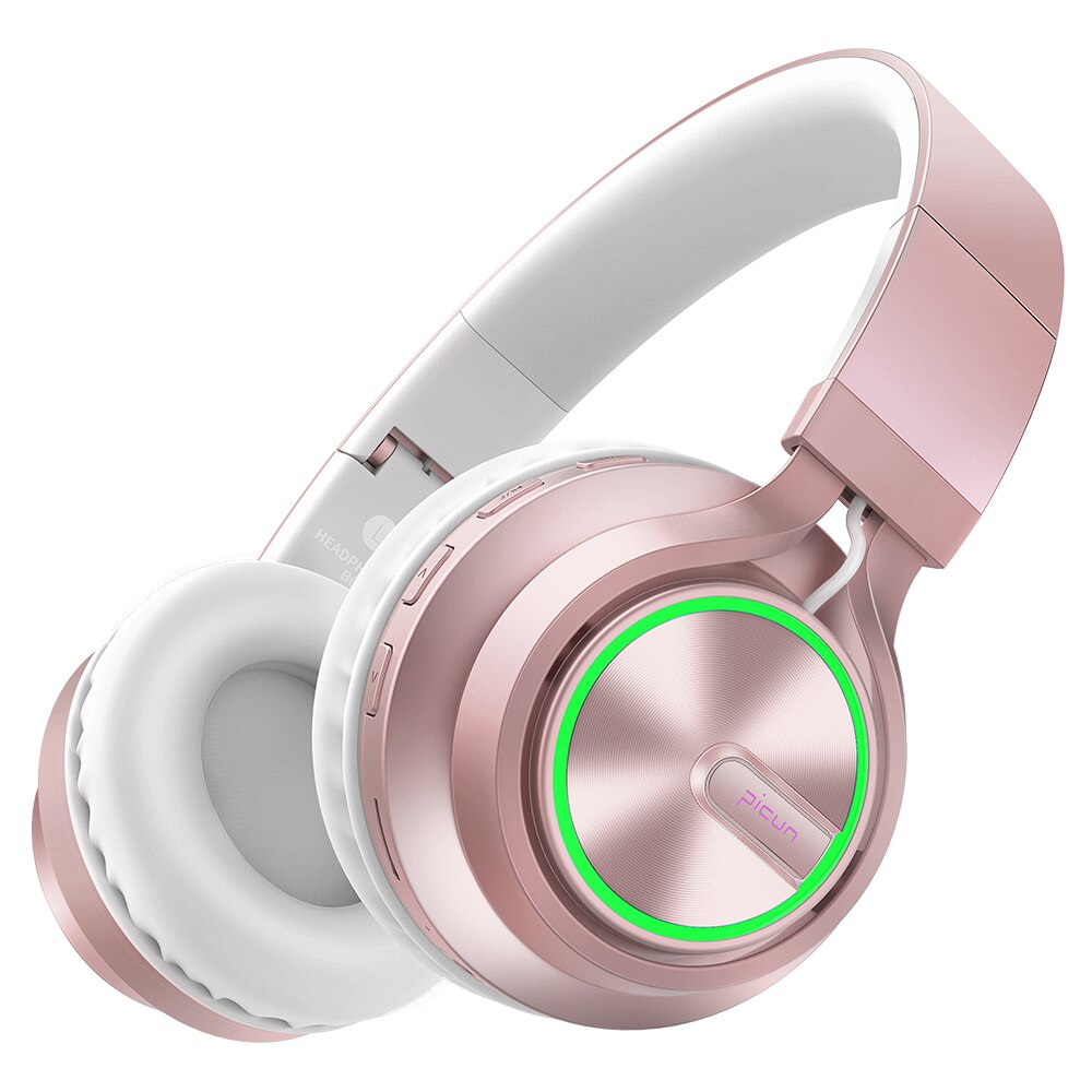 Picun B6 casque sans fil Bluetooth 5.0 HiFI stéréo casque pliable casque écouteurs lumineux LED avec micro HD Supoort TF carte: Rose Gold