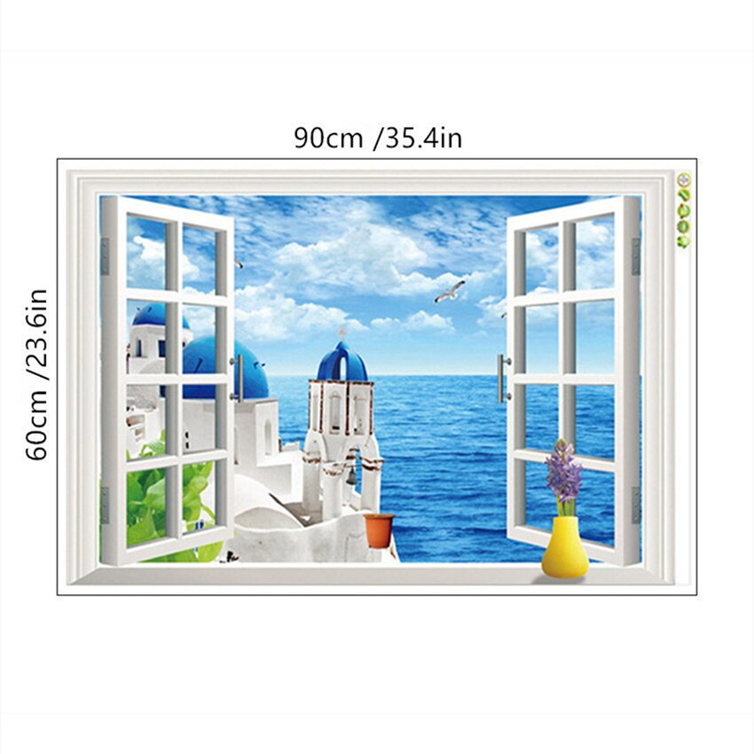 Eegean sea view veggmaleri santorini sceneri falsk 3d vindu kunst vinyl vegg klistremerker hjemmedekorasjon flyttbar tapet 90*60cm: Zy9234c