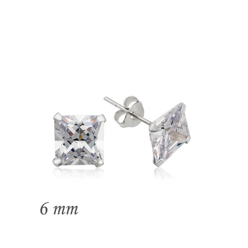 Boucles D'oreilles Clous Argentées - Zircon Cubique Carré Taille Princesse Bleu Saphir - Magicbax