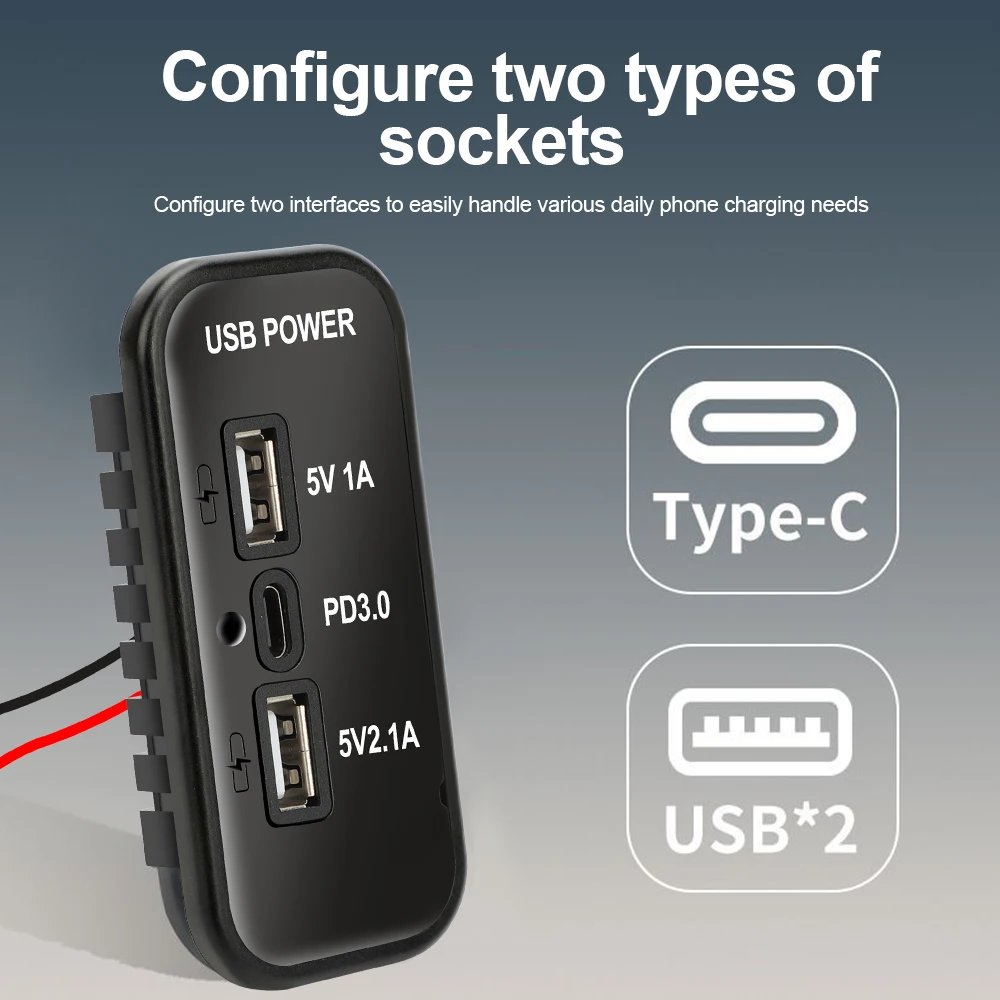 12v usb-uttak , pd3.0 type c-porter , qc3.0 og 2.4a usb a-lader 3 porter hurtigladekontaktpanel for bil, motorsykkel, marin lastebil