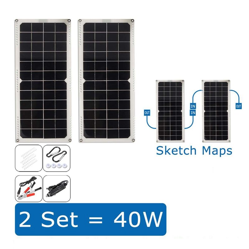 Solcellepanel 20w 12v semi-fleksibel monokrystallinsk solcelle modulkabel utendørs kontakt batterilader