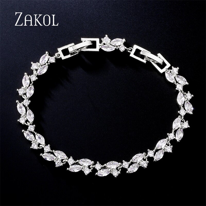 ZAKOL Shiny Cubic Zirconia Women Bracelets Bangles for Brides CZ Leaf Engagement Wedding Jewelry FSBP2104: White Color