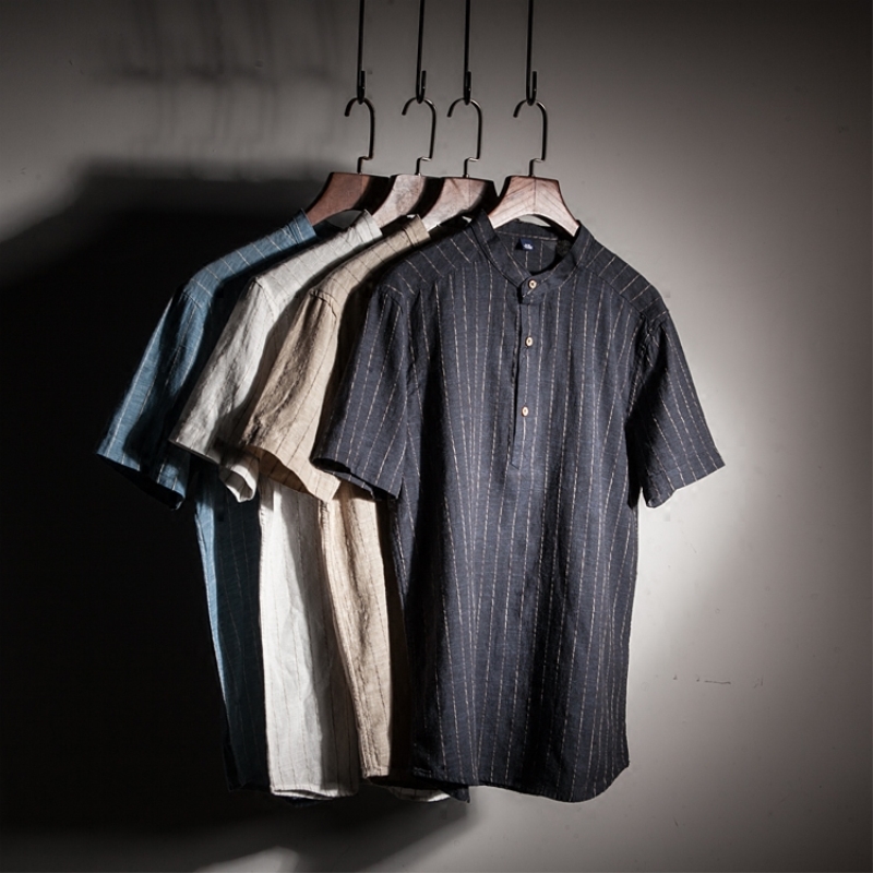 Camisa Algodón Lino Hombre - Rayas Verticales - Cuello Mao Manga Corta - Pulóver Casual
