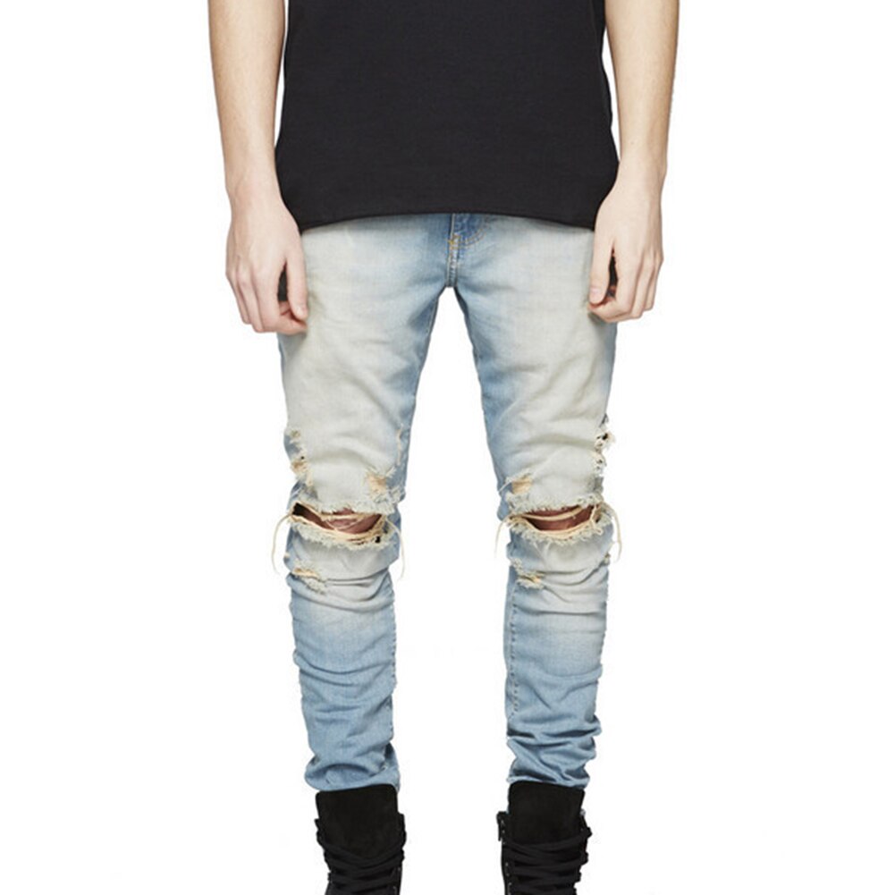 Jeans til mænd bukser ødelagt ripped slim jeans skinny denim bukser til mænd stretch lange bukser mænd jeans hommes jeans: Lysegul / 30