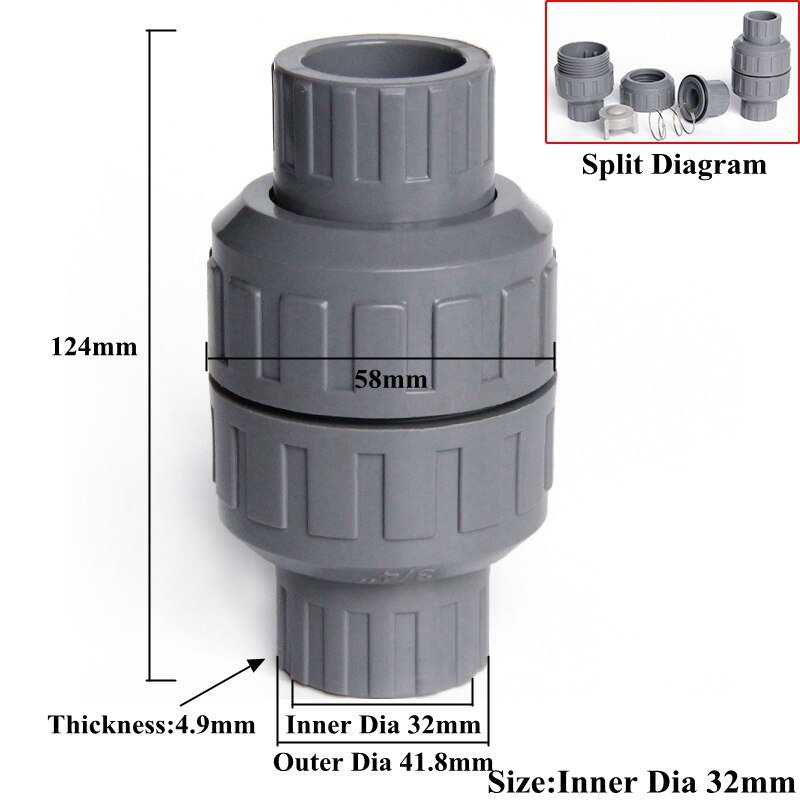 1pc ID 25~110mm PVC Check Valve Water Supply Pipe One-Way Valve Watering Irrigation Tube Connector Aquarium Fish Tank Adapter: Inner Dia 32mm