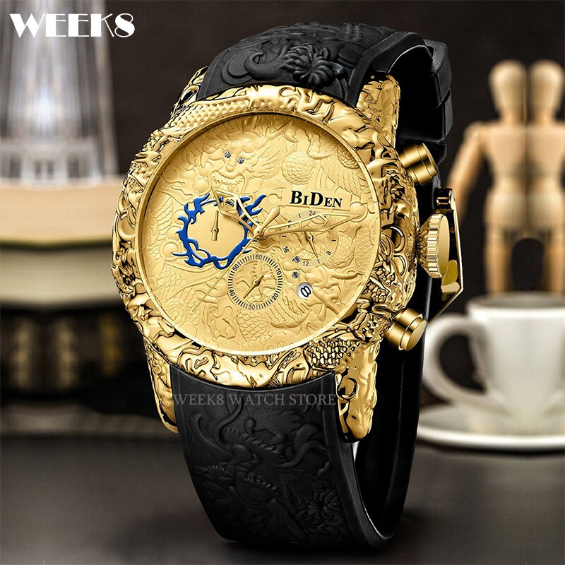 Montre de luxe en forme de Dragon noir et or pour hommes, montre à Quartz, style Hip Hop, étanche, créative: 08 with calendar