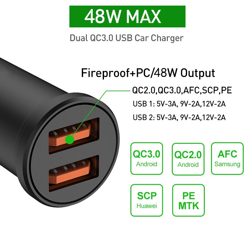 Mini usb car charger, fast charging 48w 4,0 pd qc 3,0 charging charger for iphone 12 11 huawei xiaomi mi type-c mobile phone: Qc with qc black