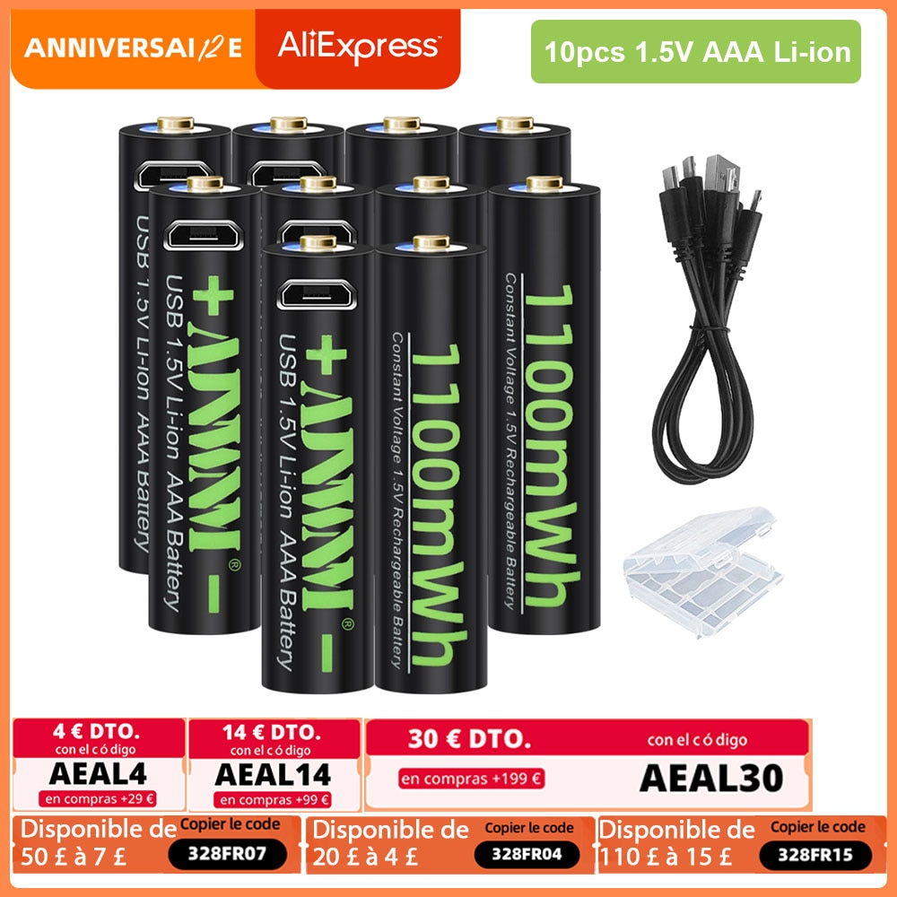 AJNWNM USB AAA Rechargeable Battery AAA Li-ion 1.5V 1100mWh Lithium AAA Pre-charged Bateria AAA Batteries + USB Cable