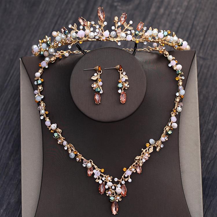 Conjunto de joias nupcial de ouro barroco, acessório de cabelo, para casamento, conjunto de colares, diadema de strass: Default Title
