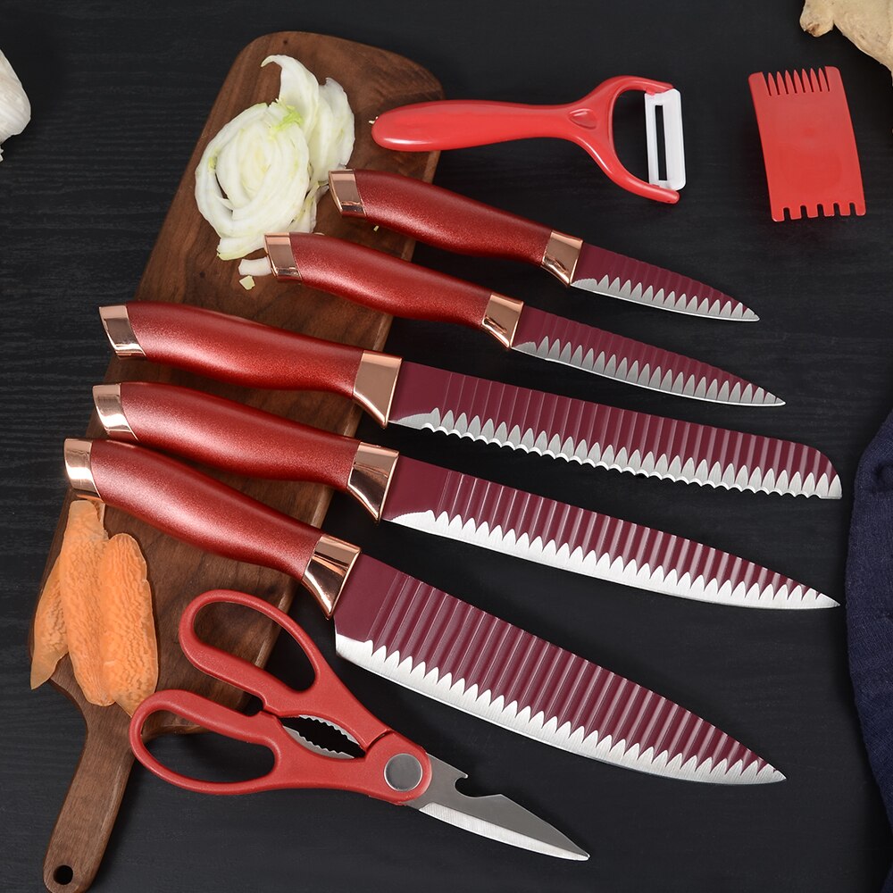 Sowoll køkkenkniv æskesæt i rustfrit stål sakseskræller brødskæring værktøj kokkekniv familie rød grøn farve