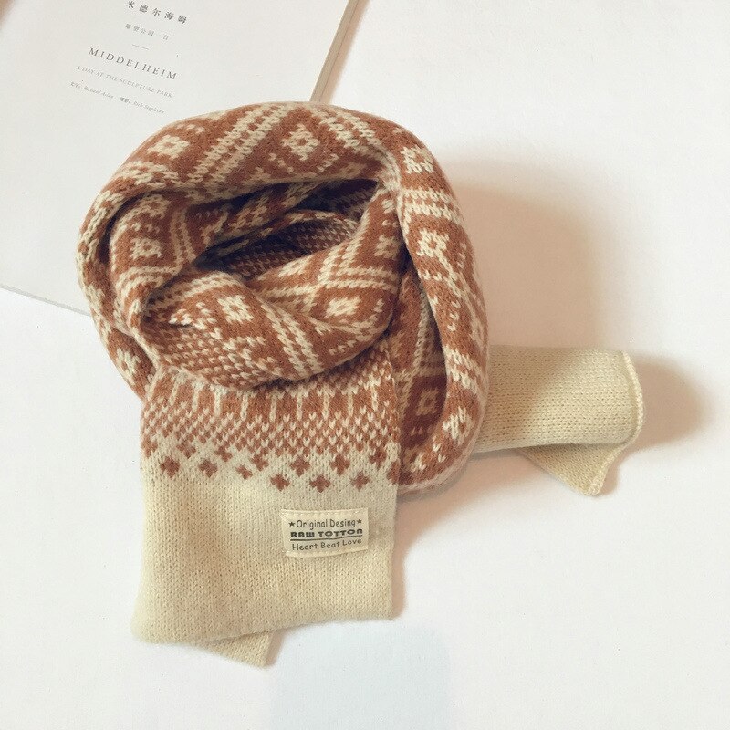 Höst vinter barn scarfs för flickor pojkar retro geometriskt mönster ull stickad baby scarf varm sjal barn halsdukar: Beige / Ull-