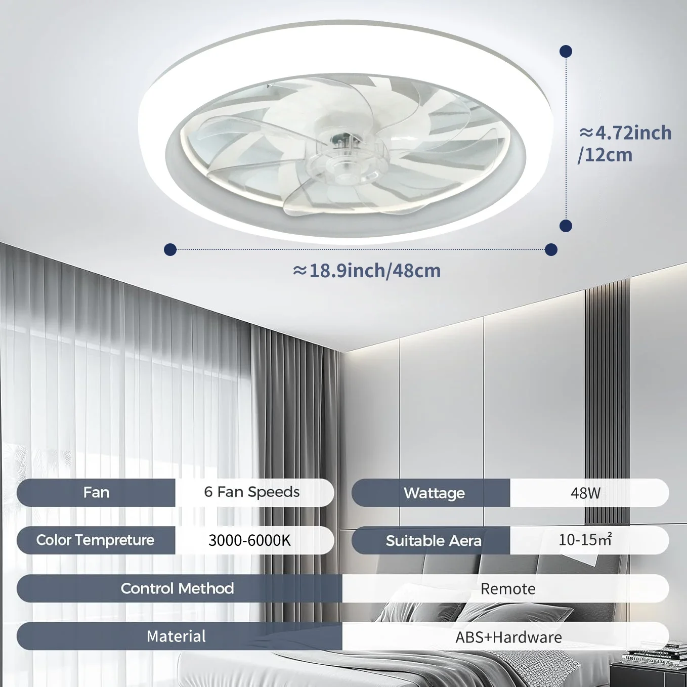 Takvifte med led-lys og fjernkontroll, elektrisk viftelampe, dimming med , 6- hastigheter, stue, taklampe til soverommet