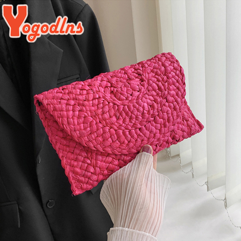 Yogodlns bolso de mano tejido de cáscara de maíz para cena, bolso grande de paja Simple a la para mujer, cartera informal de verano para vacaciones para mujer
