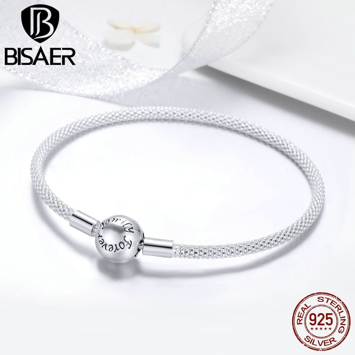 BISAER 925 Sterling Silver Snake Chain Forever Love Round Clasp Women Bracelets Sterling Silver Jewelry Pulseira ECB105